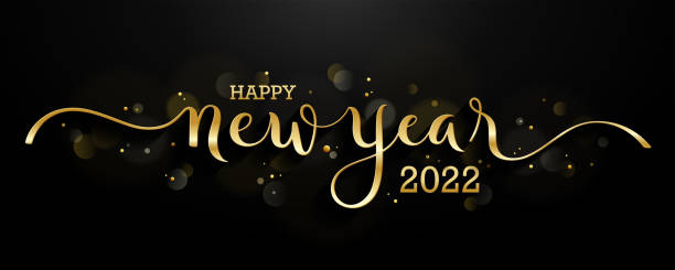 HAPPY NEW YEAR 2022 gold brush calligraphy banner on dark background HAPPY NEW YEAR 2022 vector metallic gold brush calligraphy banner on dark background with gold circles and dots new years eve stock illustrations
