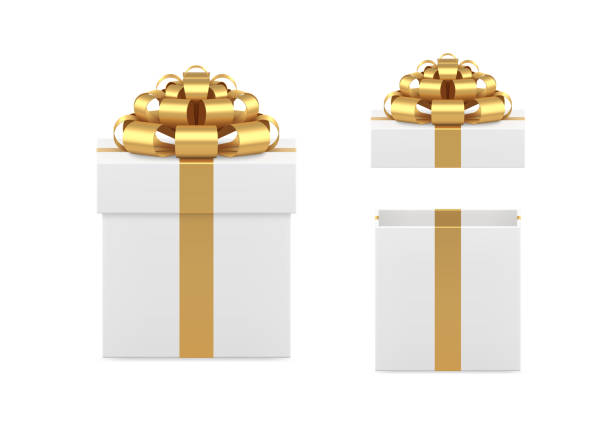 istock Classic expensive glossy wrapped white gift box decorated by golden metallic ribbon 3d blank vector 1356534453