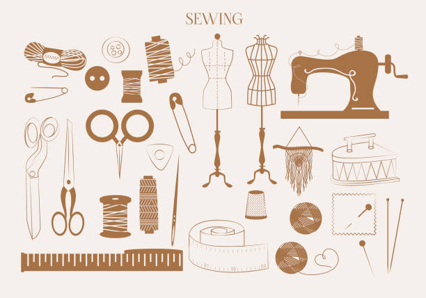 sammlung von strick- und nähsymbolen. - sewing item thread scissors sewing stock-grafiken, -clipart, -cartoons und -symbole