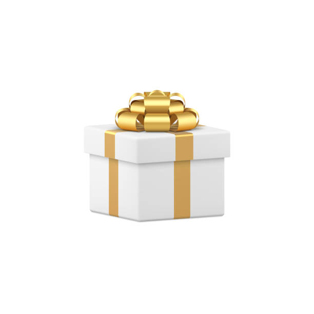 istock Realistic white gift box decorated by golden metallic bright detailed bow ribbon 1356534644