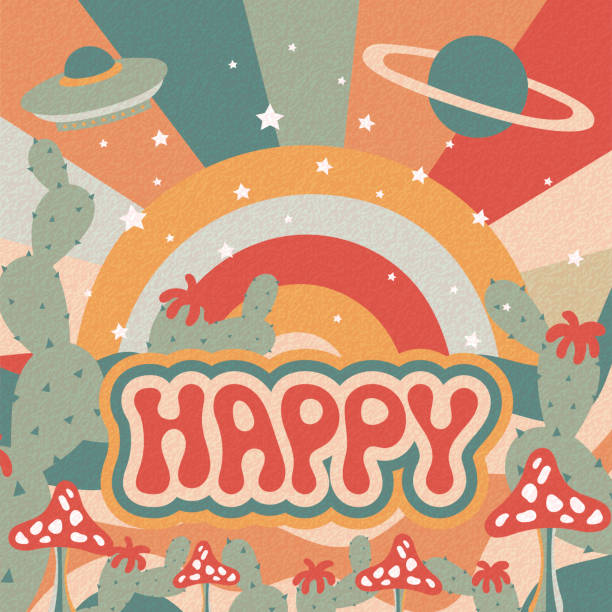 Groovy 70s retro print. Happy vibes, hippie style placard. Peace poster, surreal fantasy boho art, retro background with mushrooms, swanky vector illustration. Groovy hippy 70s lettering