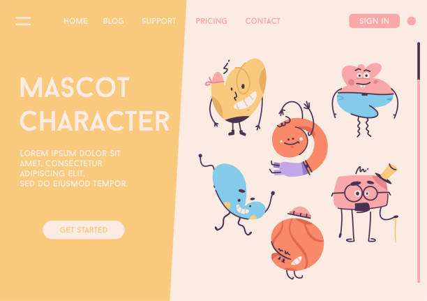 Vector landing page of Mascot Character concept. Vector landing page of Mascot Character concept. Abstract monsters set in simple cartoon design. Funny creatures expressing different emotions. Colorful childrens illustration of advertising banner mascot illustrations stock illustrations