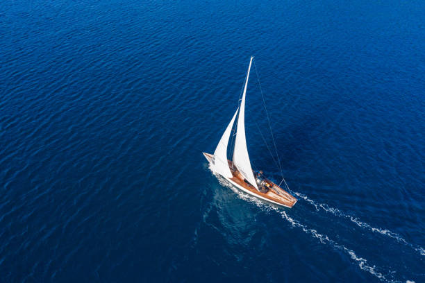 Sailing Classic sail boat in Mediterranean sea, aerial view sailboat stock pictures, royalty-free photos & images
