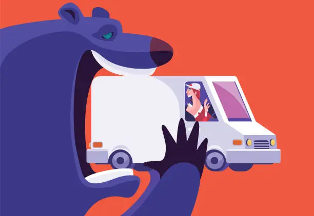 Vector illustration of bear biting min van with driver screaming