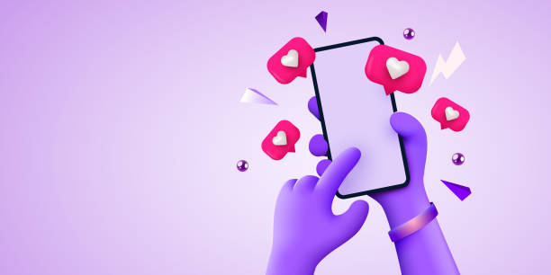 istock Cute 3D cartoon hand holding mobile smartphone with Likes notification icons. Social media and marketing concept. 1356542232