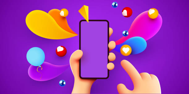 istock Holding phone in two hands. Phone mockup. Color explosion. Touching screen with finger. 1356542241