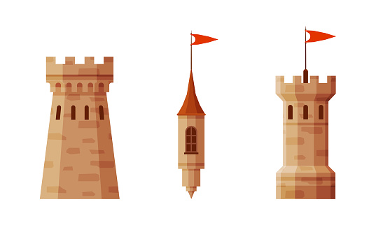 Ancient Medieval Castle or Fortress Wall Element Vector Set. Stone Part of Tower or Stronghold Concept
