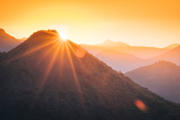 산 위로 떠오르는 태양의 경치 - growth tree spirituality tranquil scene 뉴스 사진 이미지