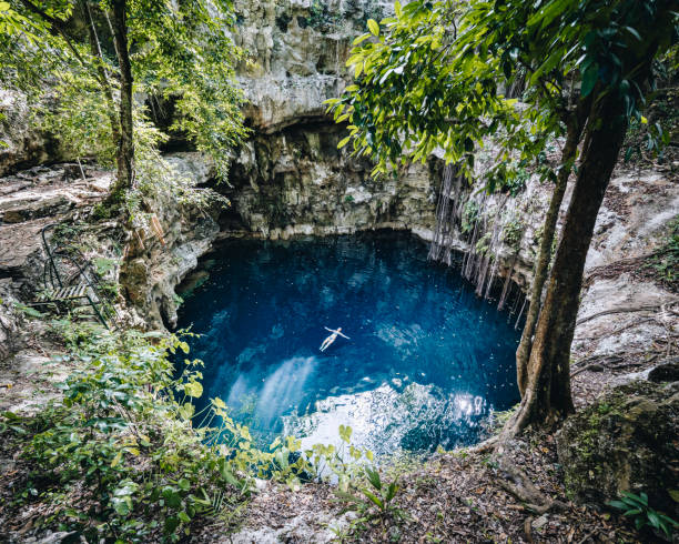 Aerial view of blue lagoon (cenote) in jungle Yucatan Peninsula cenote stock pictures, royalty-free photos & images