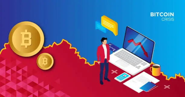 Vector illustration of Bitcoin isometric composition with people, analysts and managers working on crypto start up. Landing page template. Vector isometric illustration. stock illustration