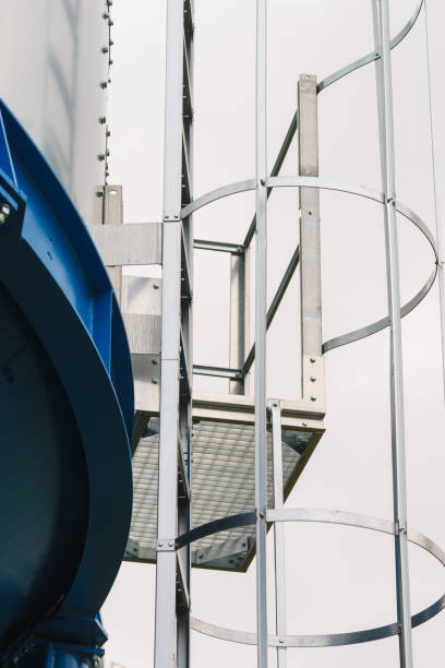 istock Industrial metal ladder with round railing 1356546754