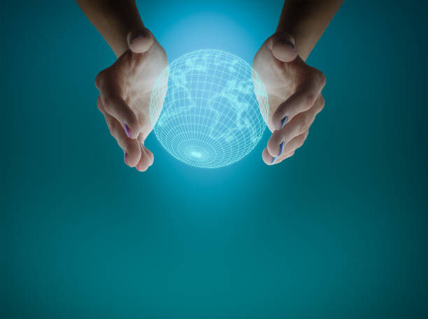 istock Woman's hands holding the earth globe on a blue background. Global business concept. 1356547843