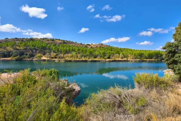 Landscape - Scenery from the edge of the Laguna La Lengua - The Tongue Lake in the Lagunas de Ruidera Lakes Natural Park, UNESCO Biosphere Reserve, Albacete province, Castilla La Mancha, Spain, Europe