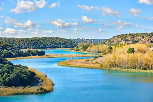 Landscape - Scenery showing the winding course of the Laguna Conceja Lake in the Lagunas de Ruidera Lakes Natural Park, UNESCO Biosphere Reserve, Albacete province, Castilla La Mancha, Spain, Europe