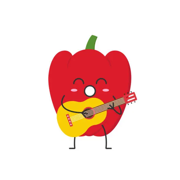 Vector illustration of Red bell pepper plays the guitar sings cute character cartoon smiling face happy joy emotions icon logo paprika vegetable vector illustration.
