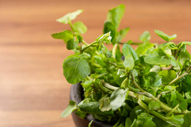 istock Green watercress in bowl on the table. 1356550392