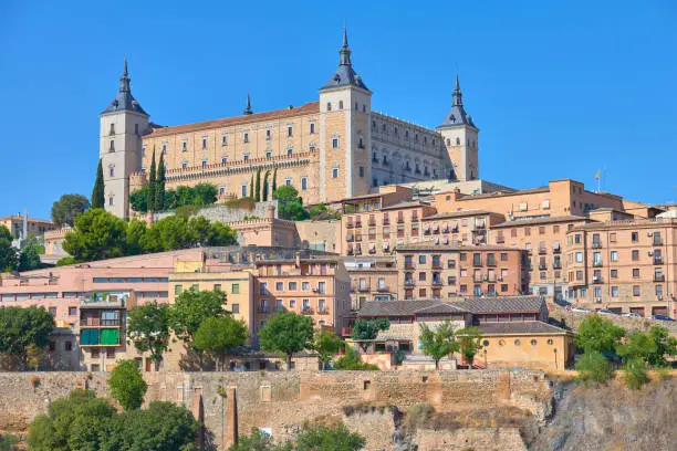 The Alcazar of Toledo, a stone fortification located in one of the highest parts of the spanish city of Toledo. Once used as a Roman palace in the 3rd century, it was restored under Charles I (Charles V, Holy Roman Emperor) and his son Philip II of Spain in the 1540s.  Hernan Cortes was received by Charles I at the Alcazar, following Cortes' conquest of the Aztecs. Had to be rebuilt after the siege of the Alcázar during the Spanish Civil War. Currently houses a public library and the National Army Museum. Toledo, Castilla La Mancha region, Spain, Europe