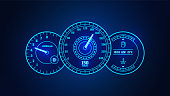 Futuristic HUD car speedometer. Vector scale of level gasoline, vehicle tachometer, car speedometer. Modern neon digital set of the isolated dashboard. Measuring speed, rpm technology illustration.