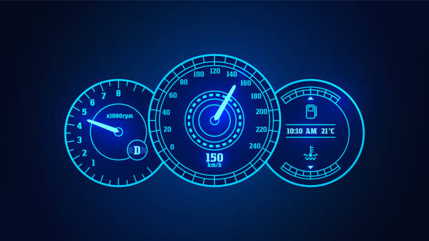 Futuristic HUD car speedometer. Vector scale of level gasoline, vehicle tachometer, car speedometer. Modern neon digital set of the isolated dashboard. Measuring speed, rpm technology illustration. Futuristic HUD car speedometer. Vector scale of level gasoline, vehicle tachometer, car speedometer. Modern neon digital set of the isolated dashboard. Measuring speed, rpm technology illustration. head up display vehicle part stock illustrations