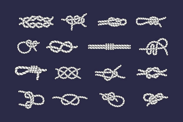 illustrations, cliparts, dessins animés et icônes de nœuds de corde de mer et boucles fixés. corde marine et marins nœud de navire, cordon marins bordures, voile de nœud, corde de paquet, corde en boucle, illustration vectorielle de boucle nautique - noeuds coulants