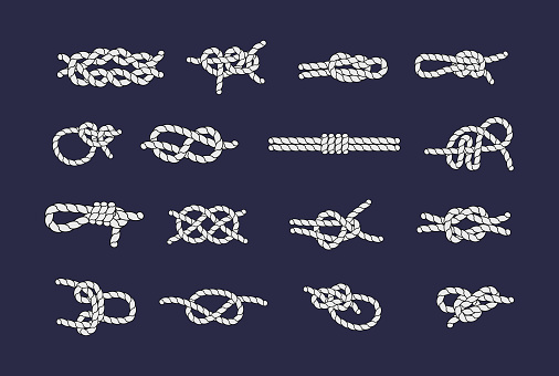 Sea rope knots and loops set. Marine rope and sailors ship knot, cord sailor borders, knot sail, package rope, looped string, nautical loop vector illustration isolated