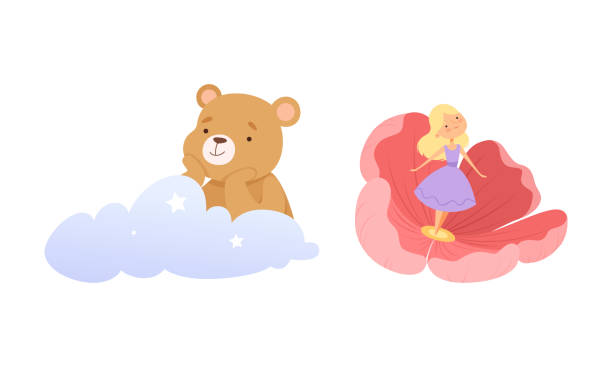 ilustraciones, imágenes clip art, dibujos animados e iconos de stock de personaje de cuento de hadas con winnie-the-pooh en cloud y thumbelina en flower cup vector set - winnie the pooh