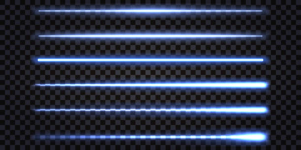 blaue neon-leuchtstäbe, laserstrahlen mit elektrischem lichteffekt. blitz donnerblitz. satz von geraden glänzenden linien, die auf dunklem transparentem hintergrund isoliert sind. vektorillustration - straight stock-grafiken, -clipart, -cartoons und -symbole