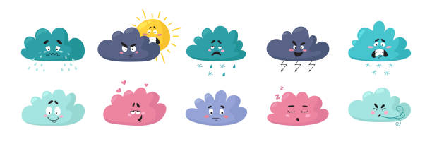 Cartoon weather clouds. Cute character, cloud emotions. Isolated angry, joyful sad faces. Baby shower design, snowy or rainy icons, classy vector set Cartoon weather clouds. Cute character, cloud emotions. Isolated angry, joyful sad faces. Baby shower design, snowy or rainy icons, classy vector set. Illustration of cloud sky forecast smile angry clouds stock illustrations