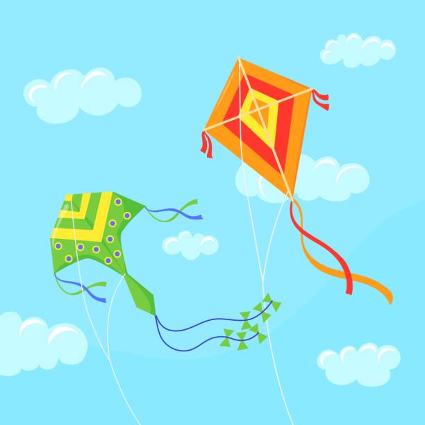 Kites in sky. Flying in wind paper child toys on string, activity fun game in clouds, summer festival background, neat cartoon vector illustration Kites in sky. Flying in wind paper child toys on string, activity fun game in clouds, summer festival background, neat cartoon vector illustration. Joy kite air for child entertainment and festival sky kite stock illustrations