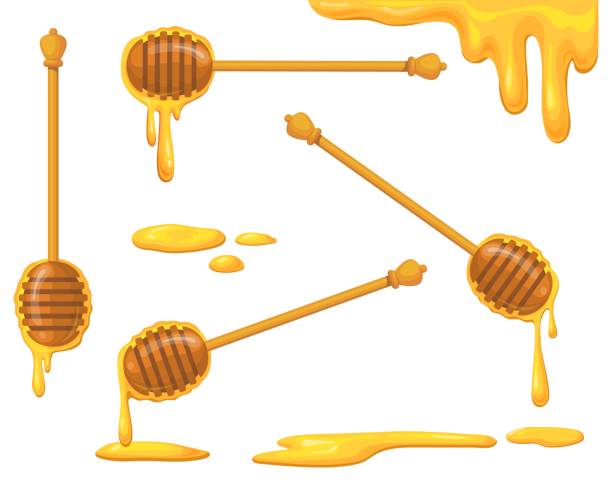 illustrazioni stock, clip art, cartoni animati e icone di tendenza di set di cucchiai di miele. cucchiai di legno del cartone animato per sciogliere la goccia di liquido dolce, gocce di dolcezza del flusso dorato, gocciolamento dei dolci, utensile in legno, illustrazione vettoriale ordinata - honey dipper