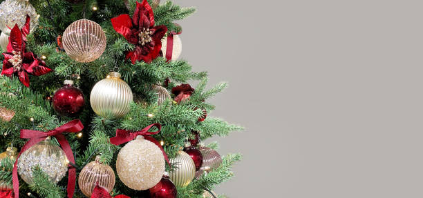istock Christmas tree ornaments baubles lights. Long banner 1356556245