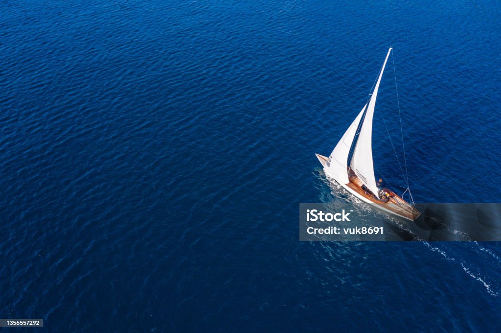 Sailing Classic sail boat in Mediterranean sea, aerial view Sailboat Stock Photo