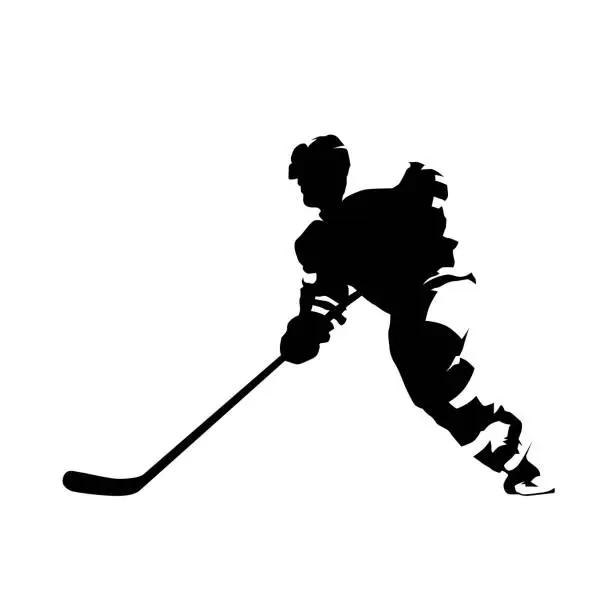 Vector illustration of Hockey player skating with puck, isolated vector silhouette. Ice hockey, team sport