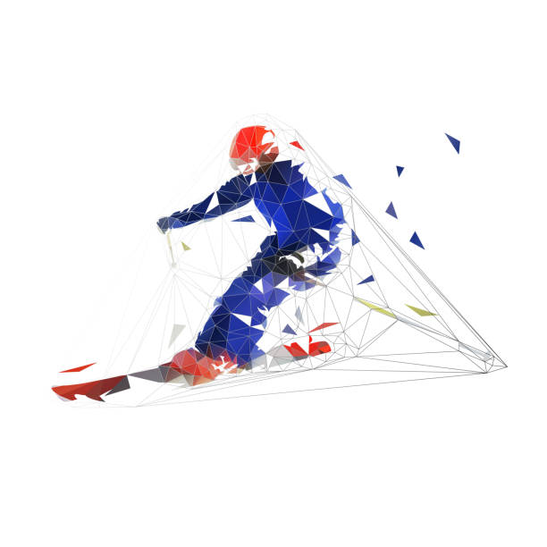 illustrazioni stock, clip art, cartoni animati e icone di tendenza di sciatore, illustrazione vettoriale isolata geometrica poligonale bassa. sci alpino - sciatore velocità