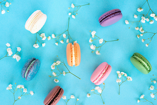 Colourful and sweet french macaroons or macarons on pastel floral background. Romantic, minimal composition.