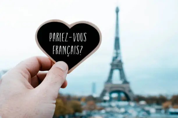 closeup of a young man holding a heart-shaped signboard with the question do you speak French written in French in it, in front of the Eiffel Tower in Paris, France