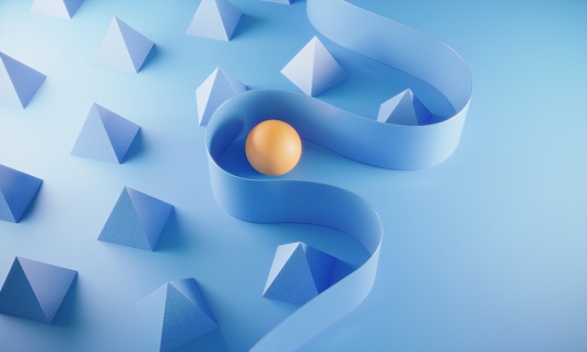 Different colored sphere between the pyramids other side of a curved paper border.(3d render)