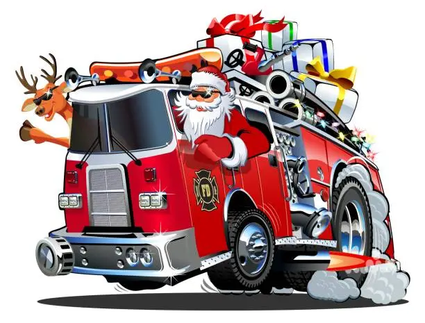 Vector illustration of Cartoon Christmas firetruck
