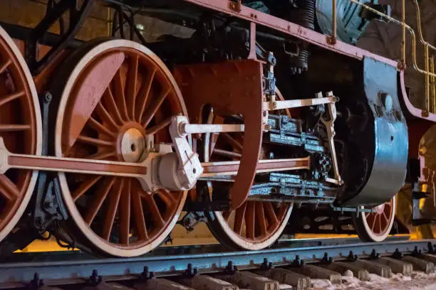 Photo of wheels of an old steam locomotive close-up