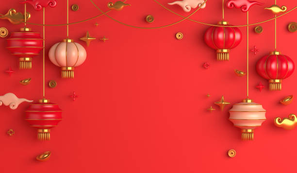 Chinese new year background 2022 with a lantern, Chinese gold coin, copy space text, 3d rendering illustration Chinese new year background 2022 with a lantern, Chinese gold coin, copy space text, 3d rendering illustration chinese yuan coin stock pictures, royalty-free photos & images