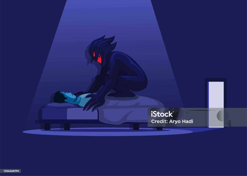 Demon In Corner Sleep Paralysis With Demon In Bed Nightmare Horror Scene Illustration ...