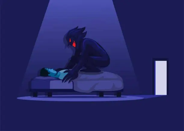 Vector illustration of Sleep Paralysis with Demon in bed. nightmare horror scene illustration vector