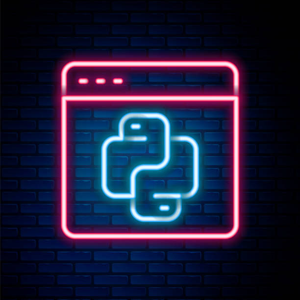 Glowing neon line Python programming language icon isolated on brick wall background. Python coding language sign on browser. Device, programming, developing concept. Colorful outline concept. Vector Glowing neon line Python programming language icon isolated on brick wall background. Python coding language sign on browser. Device, programming, developing concept. Colorful outline concept. Vector. morelia stock illustrations