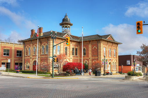 A View of City Hall in Orangeville, Ontario, Canada. Built in 1875, it has a historic designation