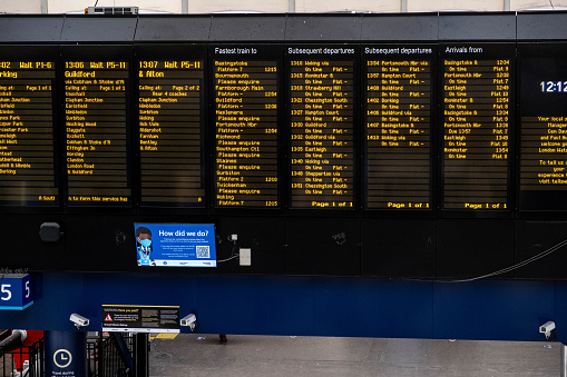 Waterloo London England UK, November 21 2021, Waterloo Railway Station Passenger Train Time Departure Information Board