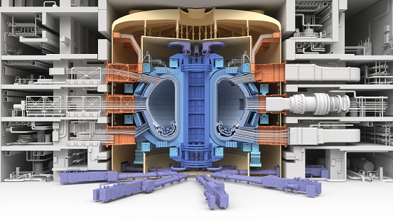ITER Fusion Reactor. Tokamak. Thermonuclear Experimental power plant. Industrial zone with power station atomic energy production. 3D Render