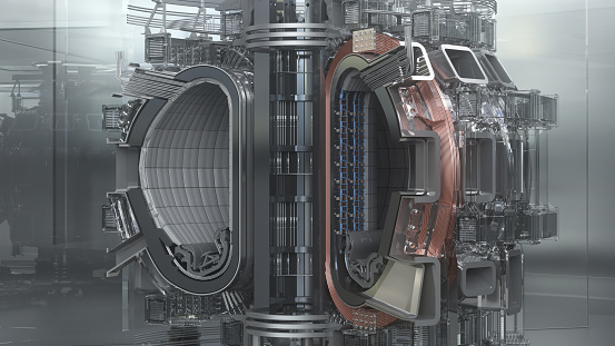 Thermonuclear reactor ITER. Tokamak. International Thermonuclear Experimental Reactor. The disassembled model is surrounded by glass. Industrial installation. 3d Render