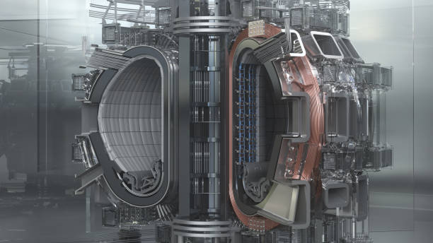 Thermonuclear reactor ITER. Tokamak. International Thermonuclear Experimental Reactor. Thermonuclear reactor ITER. Tokamak. International Thermonuclear Experimental Reactor. The disassembled model is surrounded by glass. Industrial installation. 3d Render nuclear reactor stock pictures, royalty-free photos & images