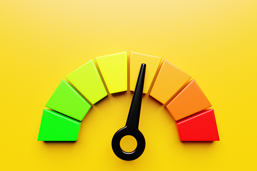 3d illustration of speed measuring speed icon. Colorful speedometer icon, speedometer pointer points to orange normal color