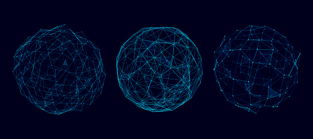 Vector futuristic set blue sphere of particles and lines. Network connection big data. Abstract technology background.